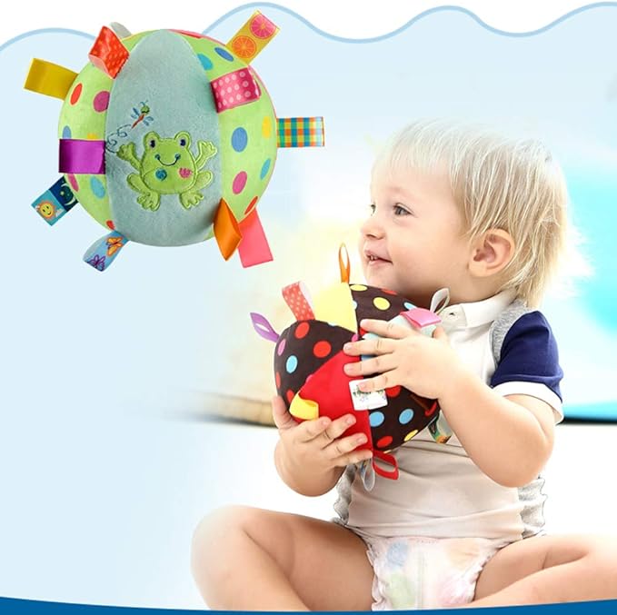 Baby Colorful Taggie Ball, Soft Plush Sensory Rattle Ball Toy for Early Educational, Ribbon Tag Ball for Baby Kids Toddlers Infants, Sensory Ball with Tags