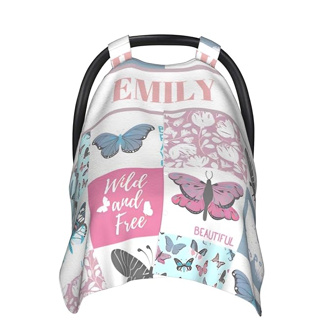 Personalized Baby Car Seat Canopy for Babies with Name, Custom Car Seat Covers for Girls, Infant Opening Minky Nursing Breastfeeding Stroller Cover Carseat Canopies for Newborn (Beautiful Butterfly)