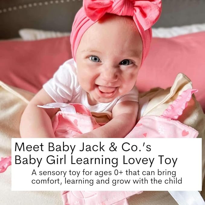 Baby Jack & Co 8x8” Learning Lovey Baby Girl Newborn Gender Reveal Tag Stroller Toy for Babies - Crinkle Toys for Developing Five Senses - Pink Hospital Blanket - Shower Gift - BPA Free Clip