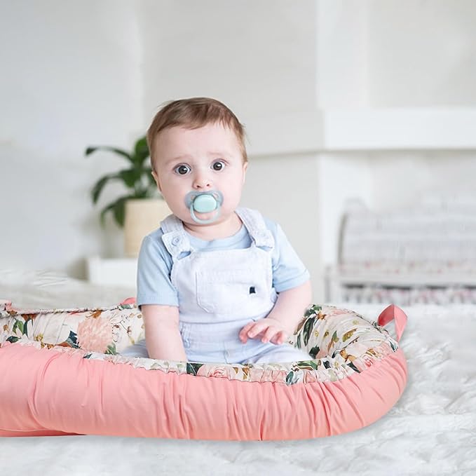 DILIMI Baby Lounger Cover, Cotton Baby Nest Replacement Cover for Girls Boys, Soft Breathable Reversible Newborn Lounger Cover, Pink Floral (Only Cover)
