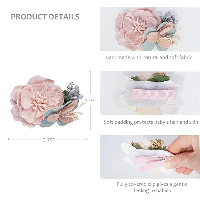 3pcs Girls Flower Hair Clips, Floral Hair Barrettes w/Boutique Fully Lined Alligator, Hair Bows for Baby Newborn Toddler