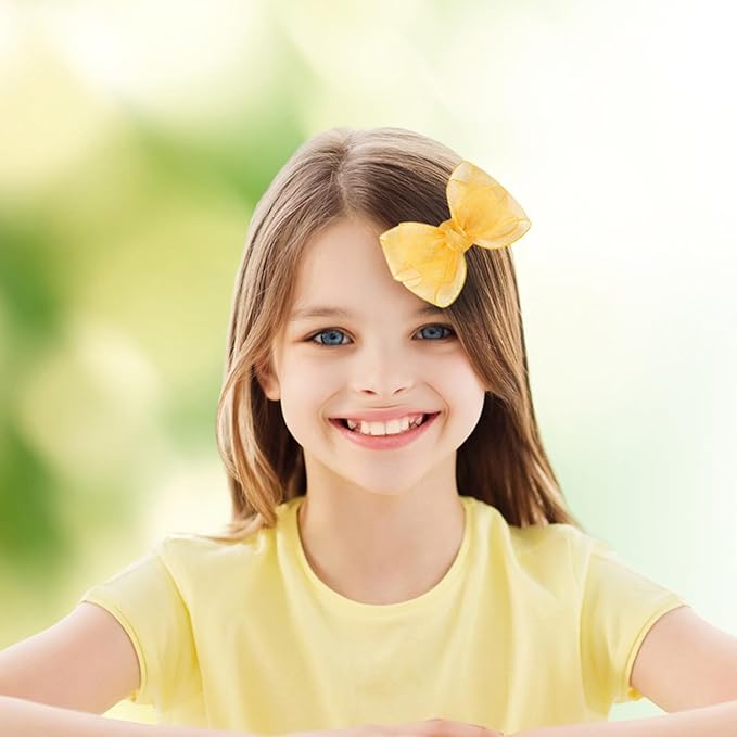 3.5-Inch Organza Hair Bows for Girls - Elegant Sheer Ribbon Alligator Clips for Toddlers, Kids, and Teens - Pack of 2, Yellow
