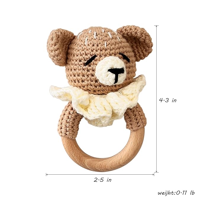 Wooden Baby Rattle，Crochet Bear Rattle with Wood Ring, Newborn Wooden Animal Rattle Toy，Infant Bear Wood Rattle Toys