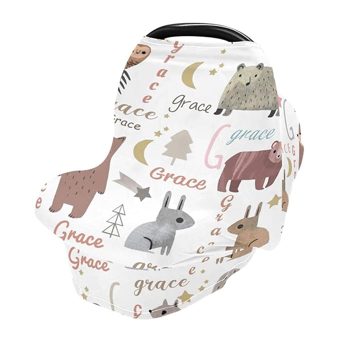 Personalized Baby Car Seat Cover for Boys Girls, Customized Infant Carseat Covers with Name, Multi Use Nursing Cover Breastfeeding Scarf, Stroller Sun Shade Cover Canopy, Cartoon Animal