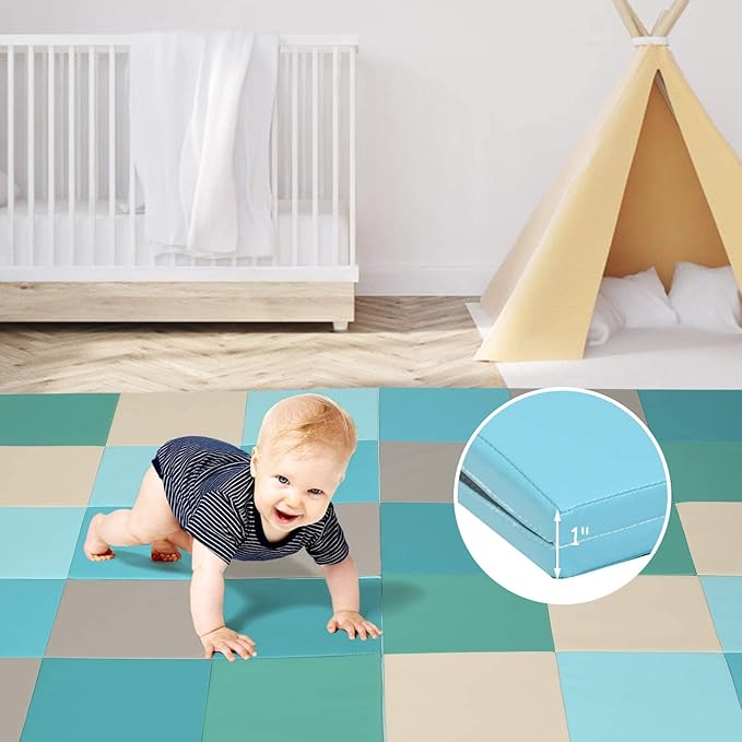 OLAKIDS Baby Foam Play Mat, Foldable 58'' x 58'' Toddler Collapsible Crawl Floor Mat, Waterproof Soft Thick Patchwork Play Mat for Kids Gym Nursery Playroom (Blue)