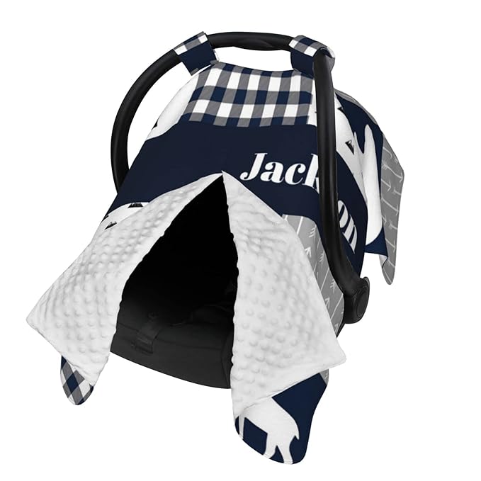 Personalized Baby Car Seat Canopy for Babies with Name, Custom Car Seat Covers for Boys, Infant Opening Minky Nursing Breastfeeding Stroller Cover Carseat Canopies for Newborn (Deer and Bear Blue)
