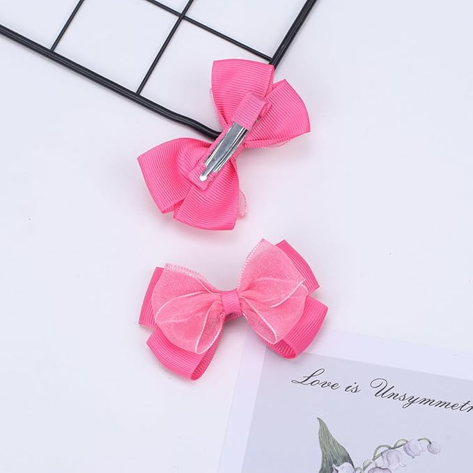 Tiny 3 Inch Organza Double Hair Bow Clips - Lined Boutique Alligator Hairpin for Baby Girls, Toddlers, and Little Teens - Kids Barrettes Set of 2 Small Stylish (Light Hot Pink)