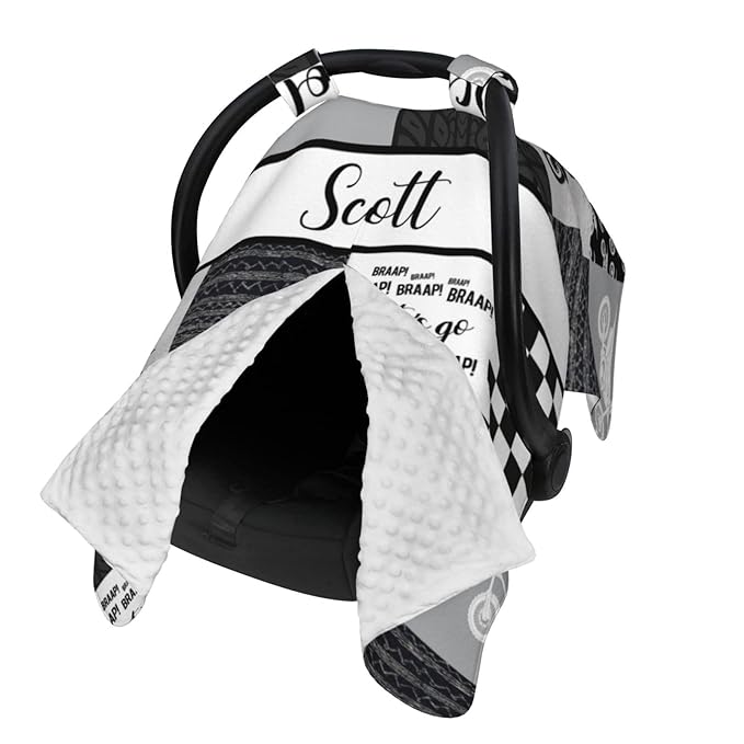 Custom Baby Car Seat Canopy with Name, Personalized Baby Car Seats Covers for Baby Boy, Motocross Opening Minky Nursing Breastfeeding Cover for Infant, Carseat Canopies for Newborn