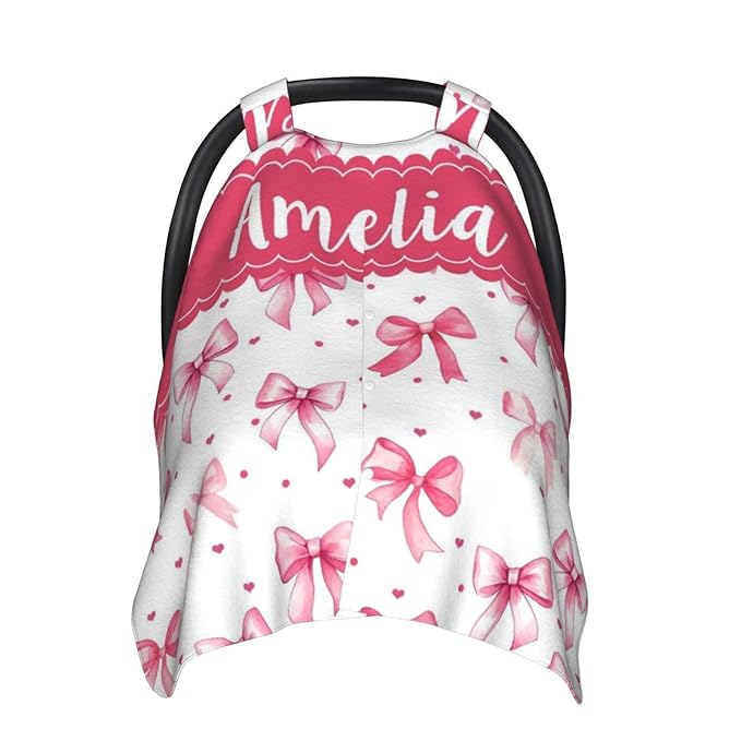 Personalised Baby Car Seat Cover with Name, Customized Bows Carseat Covers for Girls, Windproof Sun Protection Baby Carseat Canopy, Multi-use Nursing Breastfeeding Covers for Infant