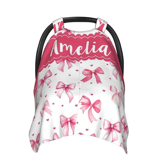 Personalised Baby Car Seat Cover with Name, Customized Bows Carseat Covers for Girls, Windproof Sun Protection Baby Carseat Canopy, Multi-use Nursing Breastfeeding Covers for Infant