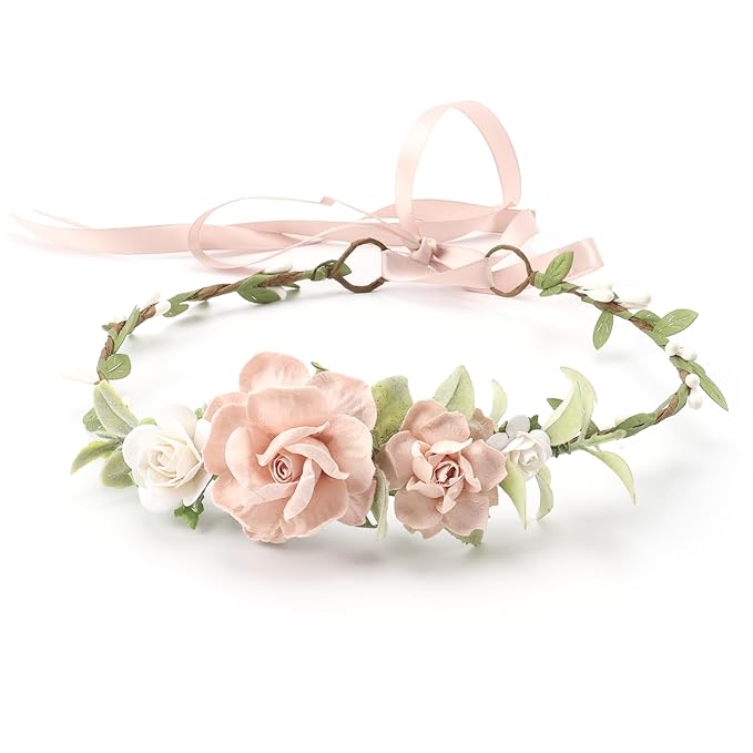 Flower Girl Flower Crown Pink Baby Girls Floral Headpieces Kids Headband Children Hair Wreath Photo Prop (Blush & White-Child Size)