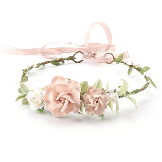 Flower Girl Flower Crown Pink Baby Girls Floral Headpieces Kids Headband Children Hair Wreath Photo Prop (Blush & White-Child Size)