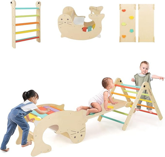 Olakids Pikler Triangle Set 7 in 1 Climbing Toys for Toddlers 1-3 Inside Foldable Wood Montessori Jungle Gym with Ramp Slide Arch Rocker Angle Adjustable Ladder Indoor Kids Playground Baby Climber
