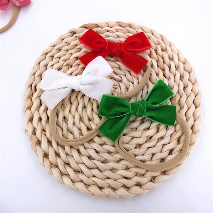 Sugarmelon Velvet Bow Soft Stretchy Headbands for Newborn Infant Toddlers Hair Bow Elastic Bands Baby Girls Nylon Hairband (3.2'' Ambrosia 24 PCS)