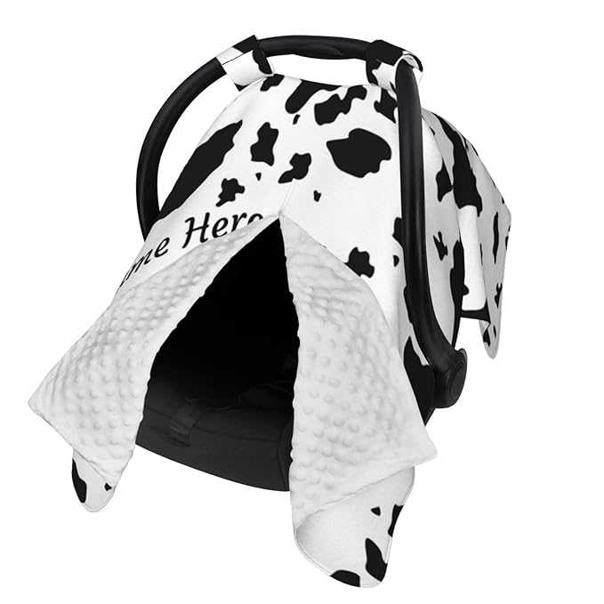 Personalized Cow Stripes Baby Car Seat Canopy for Babies with Name, Customize Stroller Car Seat Covers for Boys Girls, Minky Nursing Carseat Cover for Breastfeeding, Car Seat Canopies for Newborn
