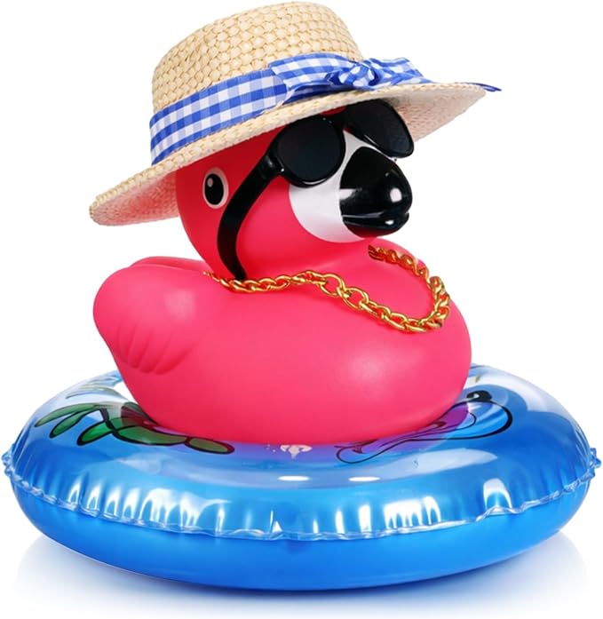 Sotiff Rubber Flamingo Pink Flamingo Rubber Ducks Squeaky Mini Ducks with Mini Straw Hat Swim Ring Gold Chain and Sunglasses for Car Decor Summer Birthday Swimming Party Gift Favor(Vintage)
