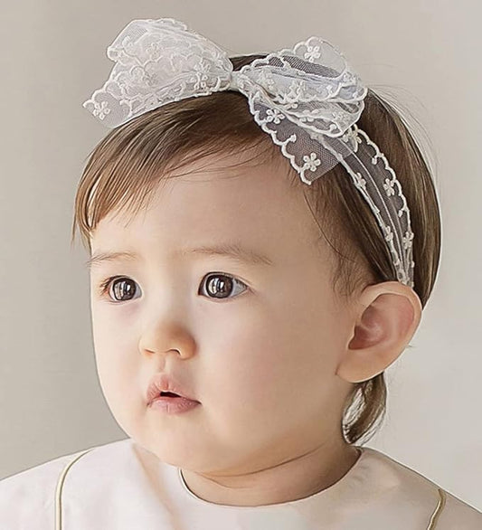 Baby Girls Lace Bow Headband Cute Chiffon Bow-Knot Toddler Hairband Elastic Soft Lace Infants Birthday Party Hair Accessories (White-4, One size)