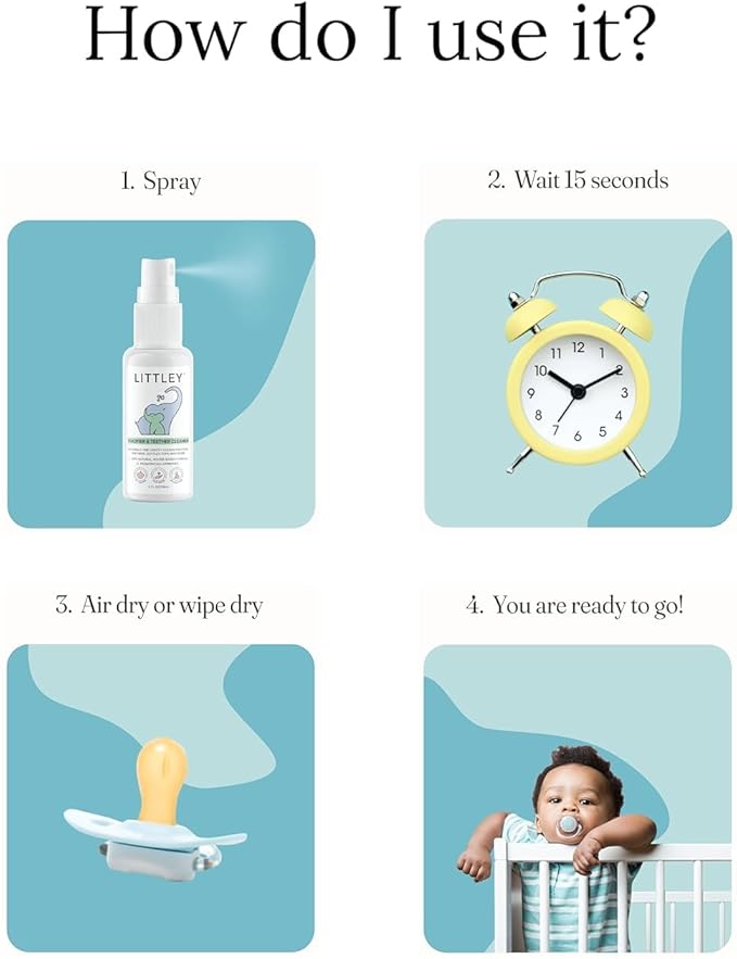 Littley Pacifier & Teether Cleaner | Alcohol‑Free HOCl Spray for Baby Pacifiers, Teethers, Bottles & High‑Touch Toys | Fragrance‑Free | Portable Travel Size | 2 oz