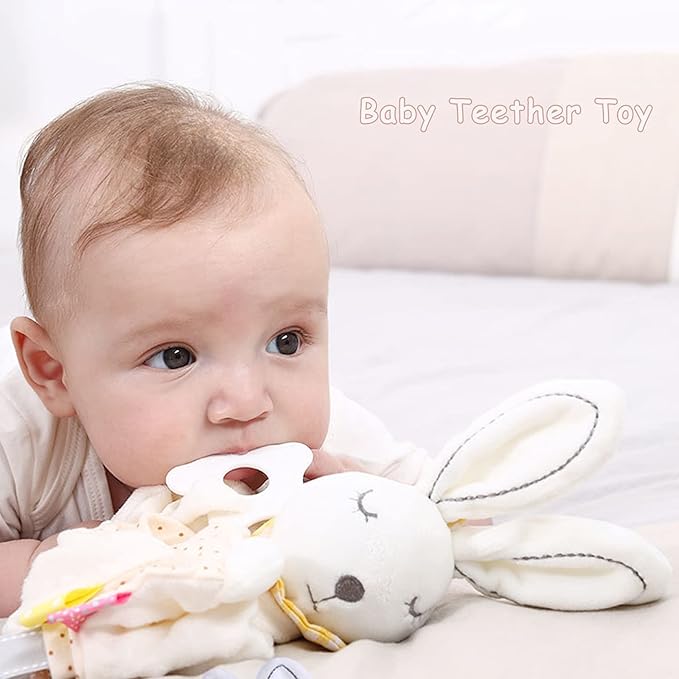 Lovey Bunny Security Blanket for Baby Girls Boys Soft Plush Stuffed Animal Blanket with Crinkle in Ear Infant Tags Security Blanket Taggy Rattle Toys Soothing Sensory Teether Toy Great Shower Gift