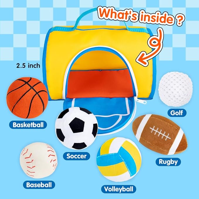 teytoy My First Sports Bag for Baby,Stuffed Plush Playset with Soft Basketball,Baseball,Football,Soccer,Golf Ball,Volleyball Baby Birthday Gift Toys for 1 Year Old Boys Girls