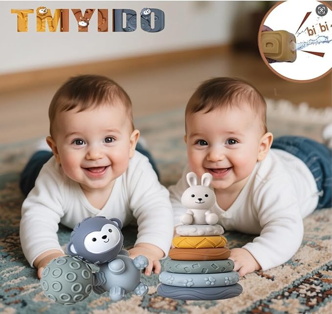 3 in 1 Baby Toys Bundle,Soft Stacking Building Blocks,Teething Ring & Sensory Balls for Newborn to 18 Months| Soft Textured Design,Perfect for Sensory Development, Motor Skills (Family Edition)