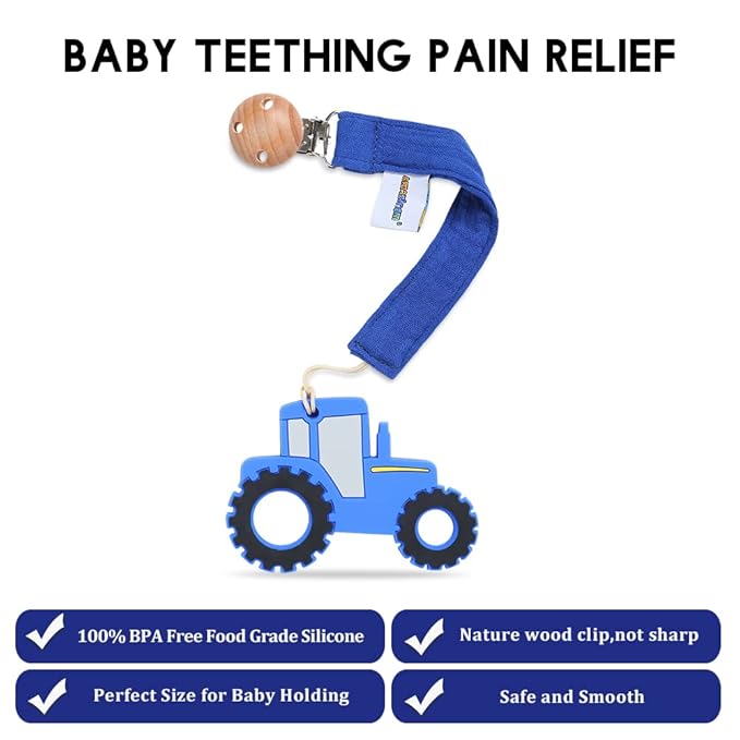 Baby Food Grade Silicone Tractor Car Teether Toy with Pacifier Clip Holder,Teething Pain Relief Toys Gift Set for 3 Months+ Boys and Girls,Freezer Safe,BPA Free (Blue)