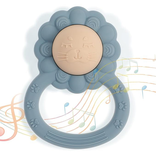 Rattle Teether, Lion Shape Montessori Baby Sensory Teething Toys, Food Grade Silicone BPA Free, Newborn Essentials Must Haves (Shifting Sand Ether)