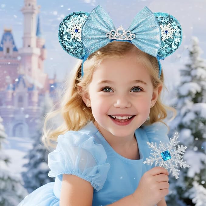 Adjustable Mouse Ears Headband with Crown, Ice Queen Elastic Hair Bow Hairband for Baby Girls Toddlers Teens