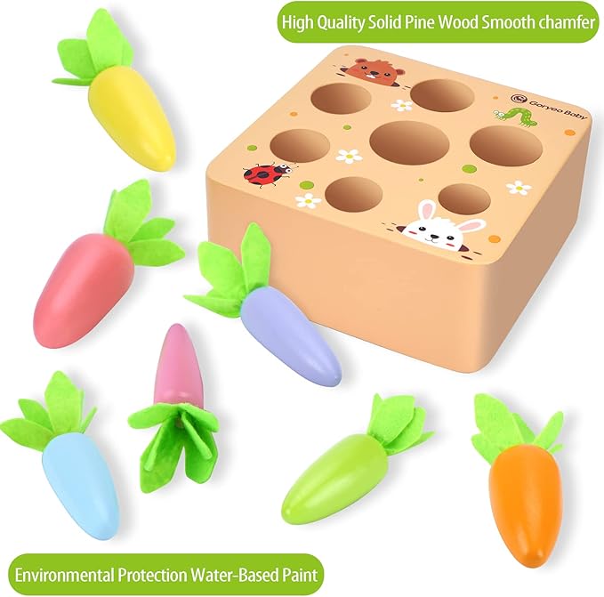 KMTJT Montessori Toys for 2 3 Year Old Toddlers, Macron Carrot Harvest Game Wooden Toys for Baby Boys and Girls, Educational Learning Shape Sorting Matching Gifts for Babies