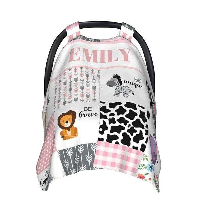 Personalized Baby Car Seat Canopy for Babies, Custom Name Car Seat Covers for Girls, Opening Minky Nursing Breastfeeding Cover for Infant, Carseat Canopies for Newborn (Zoo Animals)