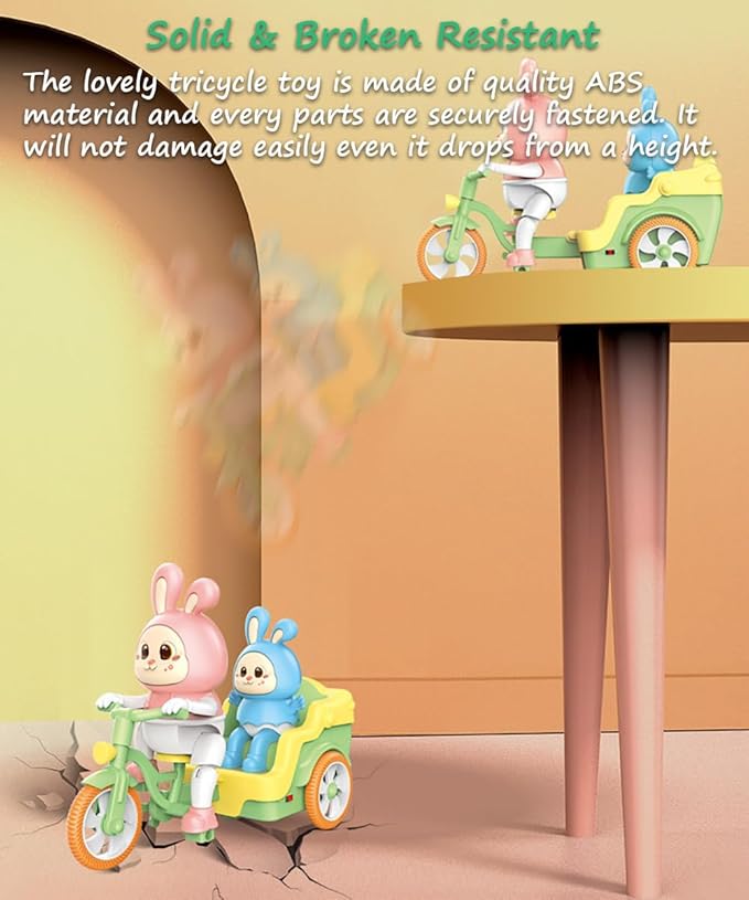 Miracland Tricycle-Riding Rabbit Musical Toy, Adorable Baby and Mom Rabbit Toy, Electric Tricycle Toy with Simulated Cycling Movement, Cool Lights and Joyful Music (Blue)