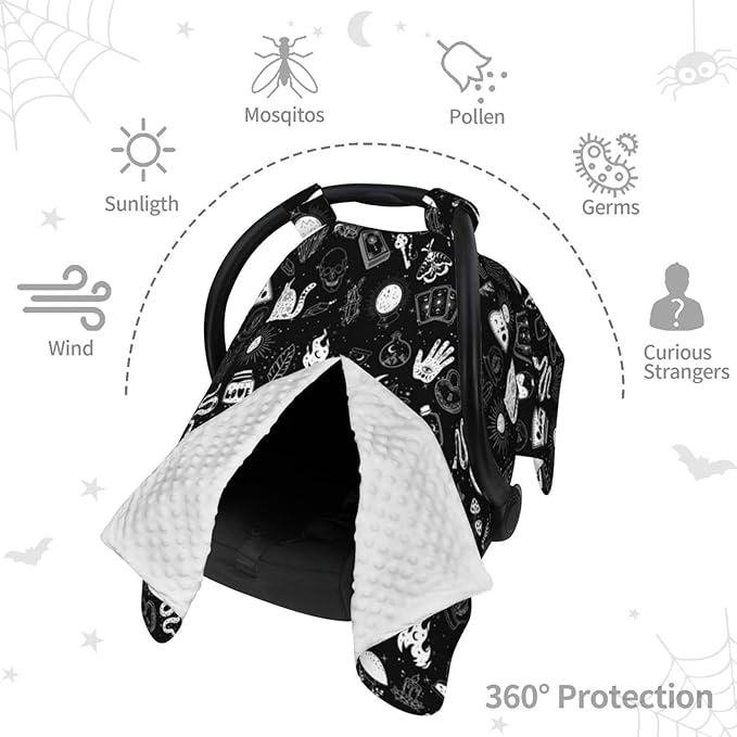 Goth Carseat Covers Baby, Gothic Winter Carseat Cover for Baby, Minky Baby Car Seat Cover for Boy & Girl, Peekaboo Opening Car Seat Canopy for Newborn, Multi Use Mom Nursing Cover, Gothic