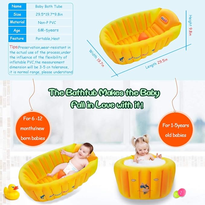 | Inflatable Baby Bathtub,Newborn Bathtub Seat for Infant,Non-Slip Baby Pool for Sitting up,Foldable Toddler Tub Shower,Portable Travel Bath for Kids 0-6 Year (Orange, Animal Print)