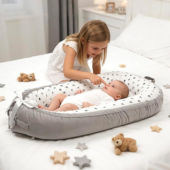 Baby Lounger | Organic Cotton Infant Support Cushion | Reversible, Adjustable & Portable Floor Lounger | Soft, Breathable, Washable Cover