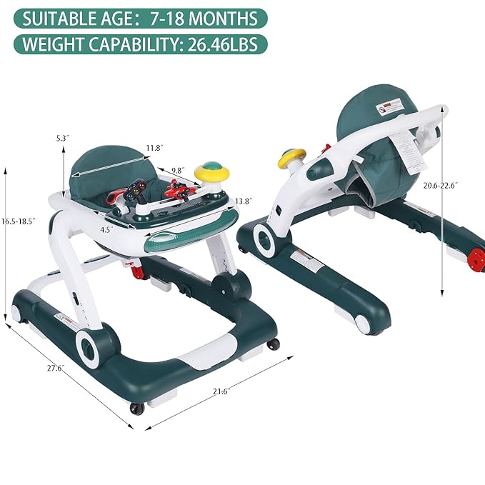 Kinder King Baby Walker with Music & Lights, 5 in 1 Baby Activity Walker with Wheel, Adjustable Height & Seat, Learning-Seated & Toddler Walk-Behind, Safety Bumper, Infant Walker Anti-Rollover, Green