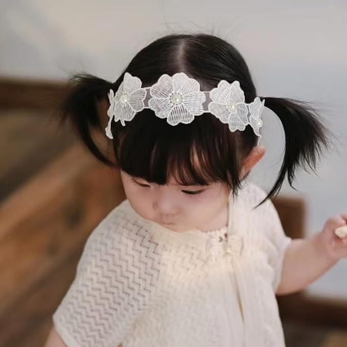 Baby Girls Flower Headbands Cute Kids Christening Headband Soft Lace Hairbands Floral Crown Newborn Infant Toddlers Hair Accessories for Birthday Party Photography(White Flower)