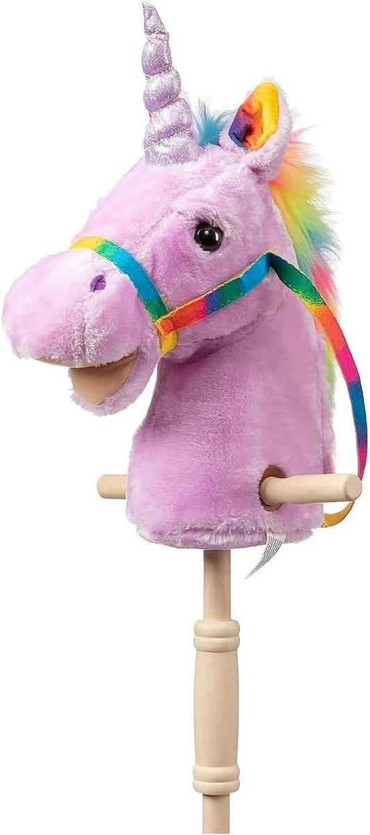 HollyHOME Unicorn Stick Horse Handcrafted Hobby Horse on a Stick with Wood Wheels Real Pony Neighing and Galloping Sounds Plush Unicorn Toy Purple 36 Inches(AA Batteries Required)