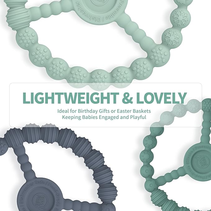 Baby Teething Rings 3 Pack, Silicone Teether Toys for Babies 0-6 & 6-12 Months, Freezable Ring Teethers Toddler Chew Relief Essentials, Infant Boys & Girls Stocking Stuffers (Mint Green Blue)