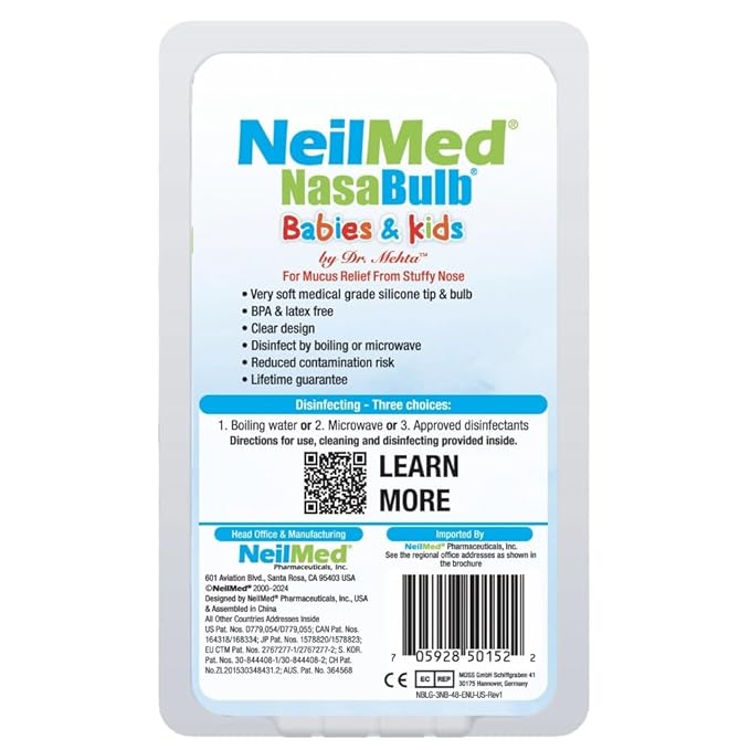NeilMed NasaBulb Nasal Bulb Aspirator for Babies & Infants, Soft Silicone Tip, Clear Design, BPA & Latex Free, Sterilizable Large Size, 100 mL