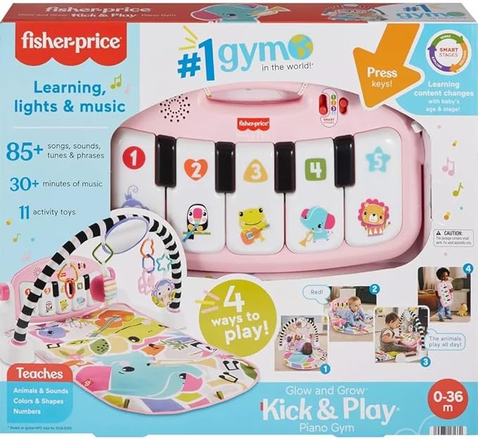 Fisher-Price Glow & Grow Kick and Play Gym - Pink Baby Playmat with 4 Ways to Play, Smart Stages Learning, 10 Linkable Toys, and Removable Piano for Newborn and Up