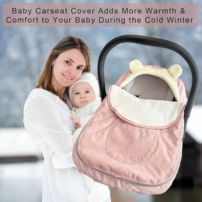 Car Seat Covers for Babies,Winter Baby Car Seat Cover Infant Carseat Covers Canopy,Universal Baby Carrier Cover for Girl Boy Carseat,Newborn Shower Gift-Pink
