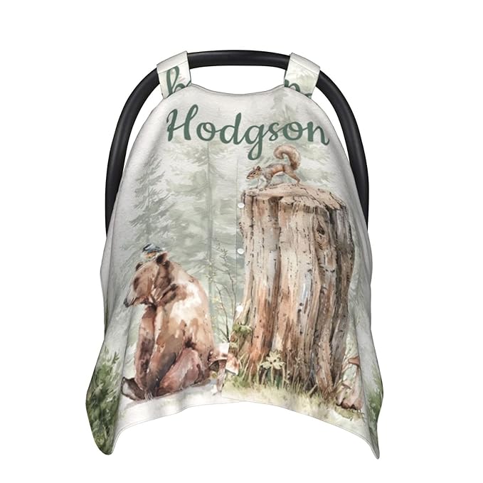 Personalized Baby Car Seat Canopy with Name – Custom Woodland Bear Minky Nursing Cover for Boys & Girls, Soft Stroller Cover for Infants & Newborns, Carseat Canopy for Breastfeeding