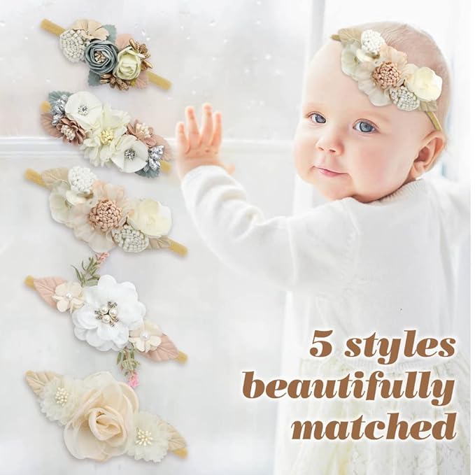 Cinaci 5 Pack Delicate Floral Flower Nylon Headbands Hair Bands Accessories for Baby Girls Newborns Infants Toddlers Kids (5 Pack S5)