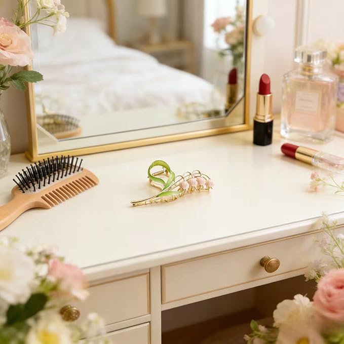 1PC Pink Gold Lily of The Valley Flower Hair Clips, Large Metal Claw Clip,Orchid Clamps,Lily Jaw Clamp Styling Accessories for Thick Thin Clips and Barrettes