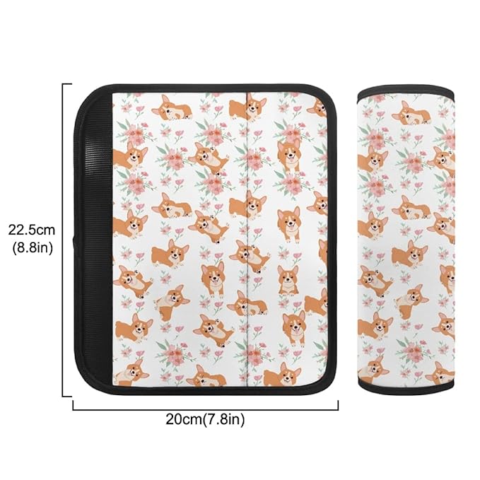 ENLACHIC Kids Car Seat Belt Cover, Cute Cartoon Animal Print Baby Car Seat Strap Pads Infant Car Seat Protector Car Accessories Universal All Cars,Corgi Dog Flower
