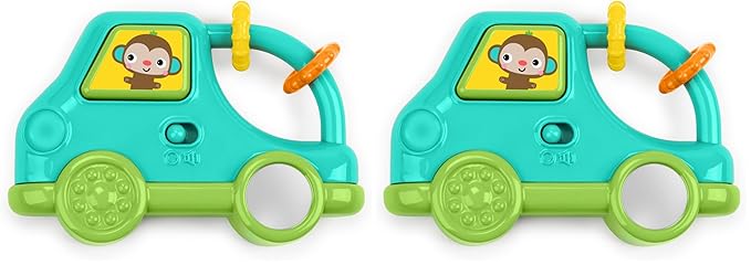 Bright Starts Safari Driver Take Along Toy with Music and Lights, Monkey, On The Go Travel Activity, Unisex, Blue, 3 Months+ (Pack of 2)