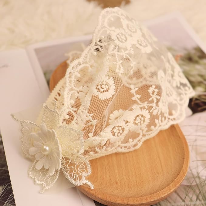 Baby Girls Headband Lacy Bow Pearl Wide Hair Band Turban for Infants Newborn Toddler Floral Ivory Elastic Head Wrap Breathable Sun Bonnet Hair Accessories (Ivory G)