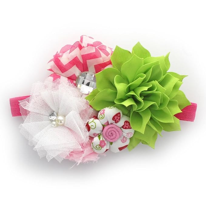 My Lello Headband Shabby Fabric Flower Cluster Baby - Infant - Toddler - Girl Stretchy Elastic Apple Green/Hot Pink Chevron