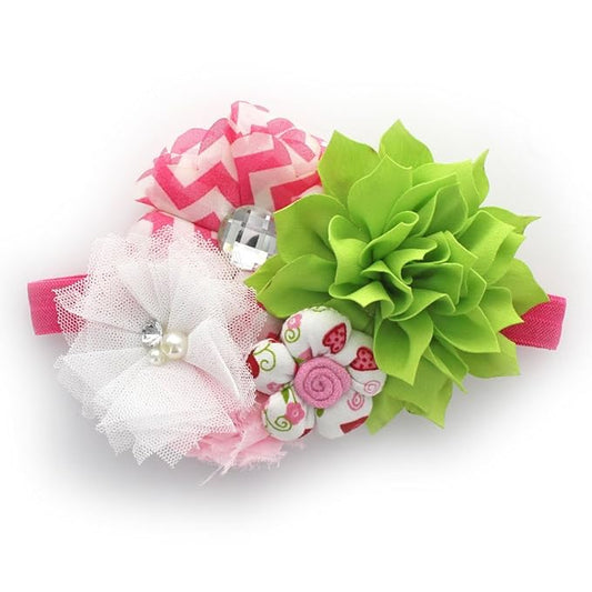 My Lello Headband Shabby Fabric Flower Cluster Baby - Infant - Toddler - Girl Stretchy Elastic Apple Green/Hot Pink Chevron