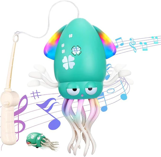 Dancing Squid Toy,Funny Electric Dancing Octopus Toy with LED & Music,Creative Crazy 8-Leg Action Squid with Fishing Pole,Stress Relief Xmas Gift for Boys Girls